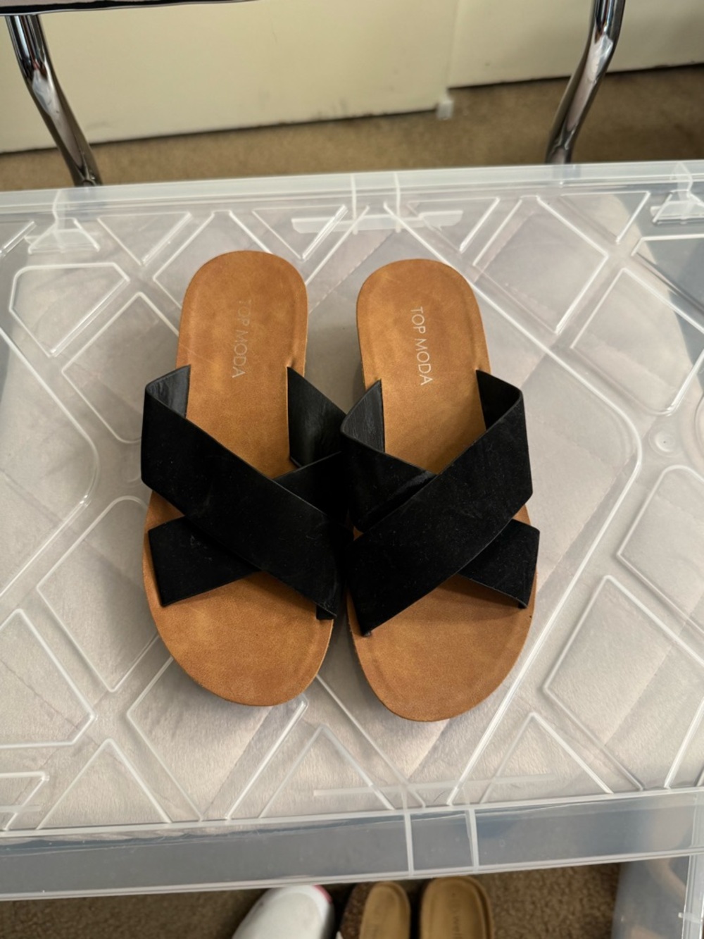 TOP Moda Black Crisscross Slide Sandals with Tan Footbed